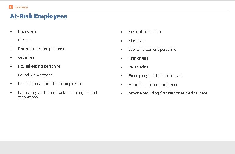1 Overview At-Risk Employees • Physicians • Medical examiners • Nurses • Morticians •