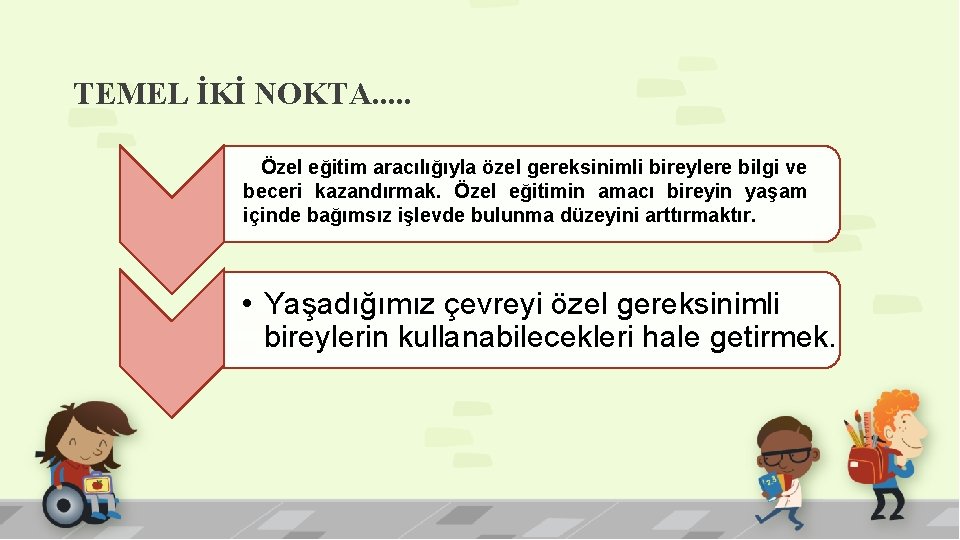 TEMEL İKİ NOKTA. . . Özel eğitim aracılığıyla özel gereksinimli bireylere bilgi ve beceri