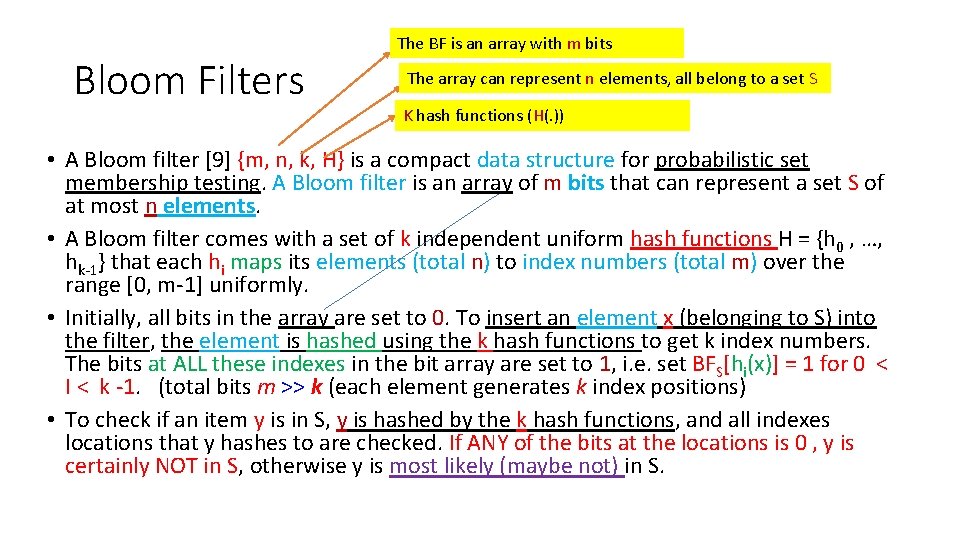 Bloom Filters The BF is an array with m bits The array can represent