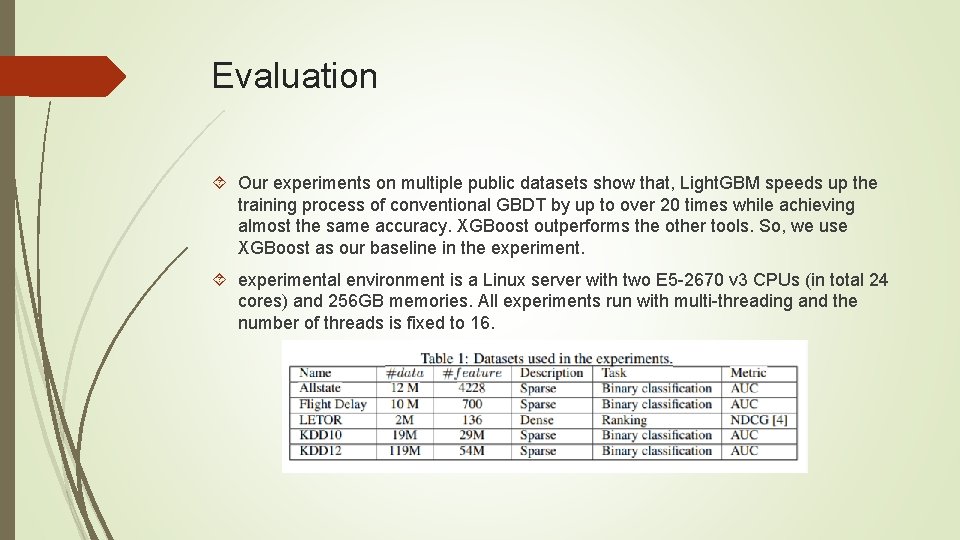 Evaluation Our experiments on multiple public datasets show that, Light. GBM speeds up the