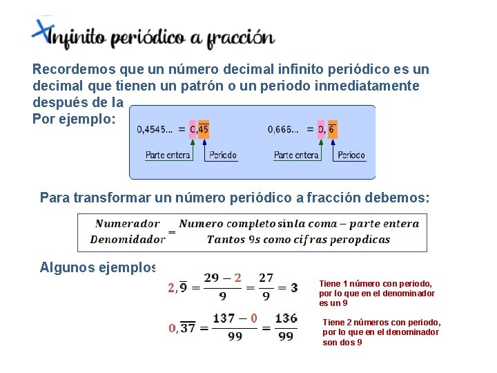 Recordemos que un número decimal infinito periódico es un decimal que tienen un patrón