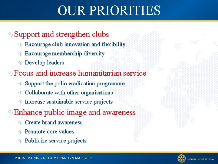 OUR PRIORITIES Support and strengthen clubs Encourage club innovation and flexibility Encourage membership diversity
