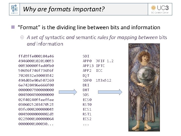 Why are formats important? n “Format” is the dividing line between bits and information
