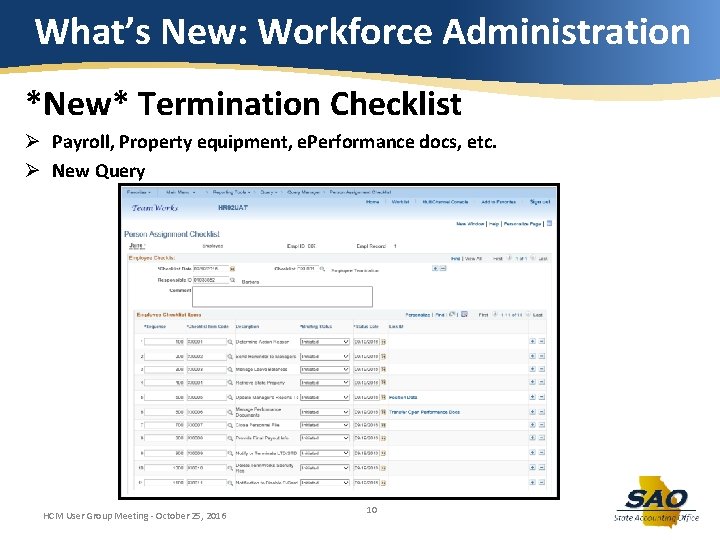 What’s New: Workforce Administration *New* Termination Checklist Ø Payroll, Property equipment, e. Performance docs,