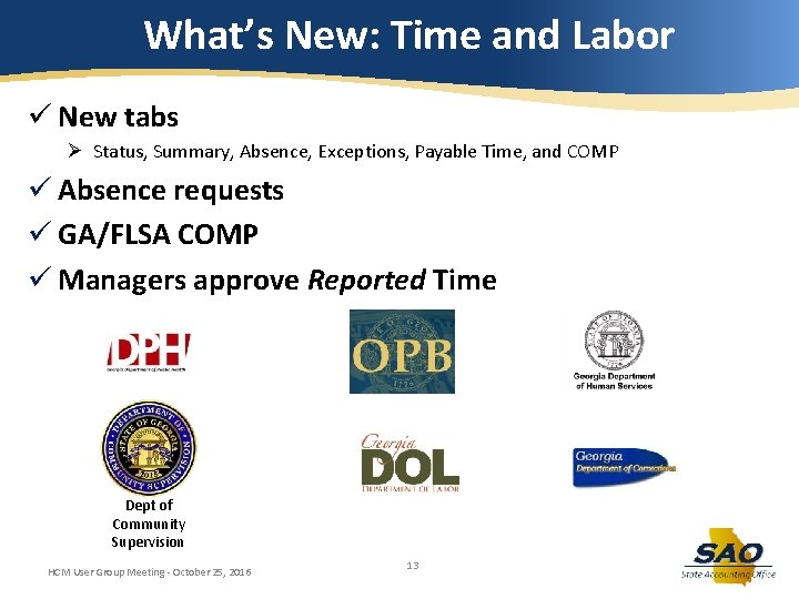 What’s New: Time and Labor ü New tabs Ø Status, Summary, Absence, Exceptions, Payable