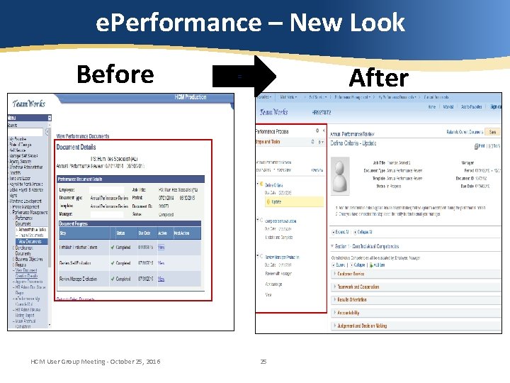 e. Performance – New Look Before HCM User Group Meeting - October 25, 2016