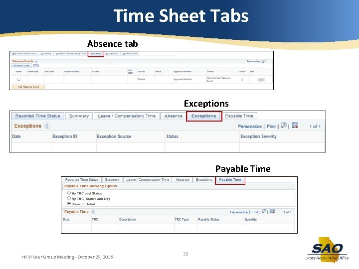 Time Sheet Tabs Absence tab Exceptions Payable Time HCM User Group Meeting - October