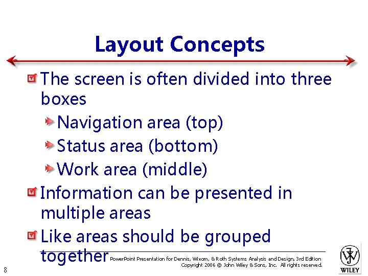 Layout Concepts The screen is often divided into three boxes Navigation area (top) Status