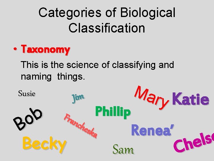 Categories of Biological Classification • Taxonomy This is the science of classifying and naming