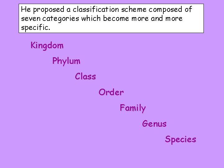 He proposed a classification scheme composed of seven categories which become more and more