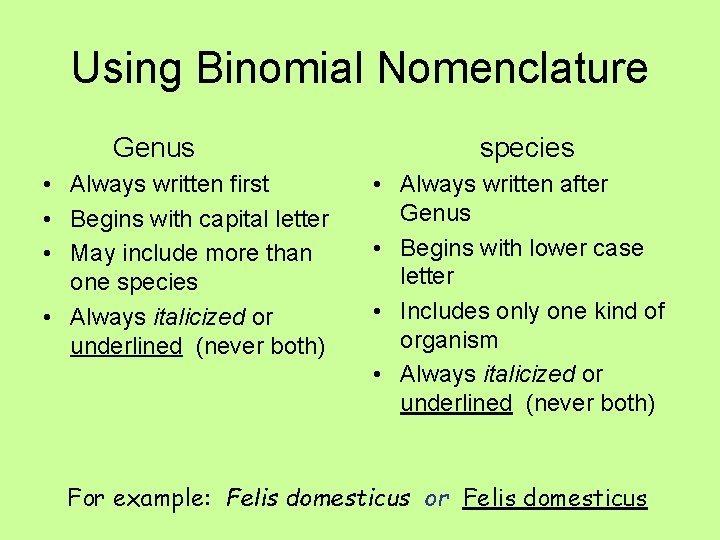 Using Binomial Nomenclature Genus • Always written first • Begins with capital letter •
