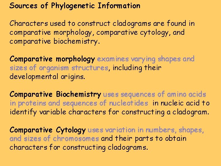 Sources of Phylogenetic Information Characters used to construct cladograms are found in comparative morphology,