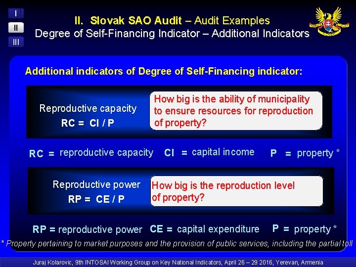 I II II. Slovak SAO Audit – Audit Examples Degree of Self-Financing Indicator –
