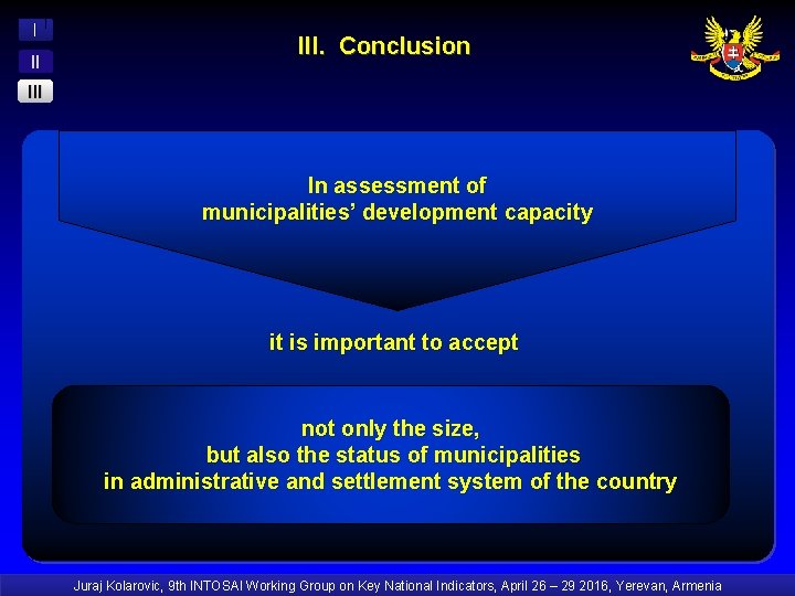 I II III. Conclusion III In assessment of municipalities’ development capacity it is important