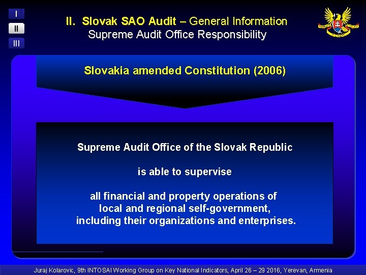 I II II. Slovak SAO Audit – General Information Supreme Audit Office Responsibility Slovakia