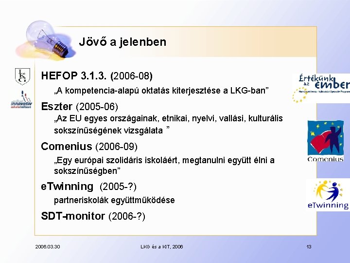 Jövő a jelenben HEFOP 3. 1. 3. (2006 -08) „A kompetencia-alapú oktatás kiterjesztése a