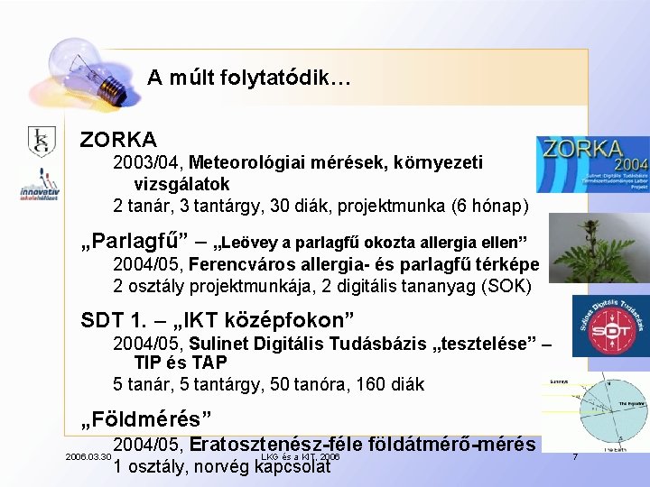 A múlt folytatódik… ZORKA 2003/04, Meteorológiai mérések, környezeti vizsgálatok 2 tanár, 3 tantárgy, 30