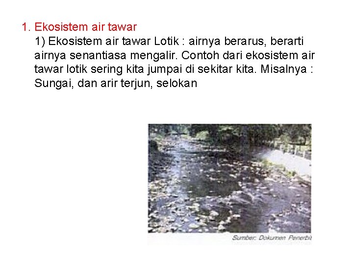 1. Ekosistem air tawar 1) Ekosistem air tawar Lotik : airnya berarus, berarti airnya