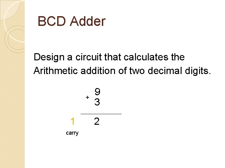 BCD Adder Design a circuit that calculates the Arithmetic addition of two decimal digits.