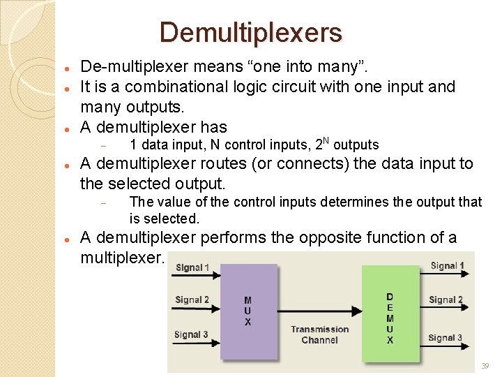 Demultiplexers De-multiplexer means “one into many”. It is a combinational logic circuit with one