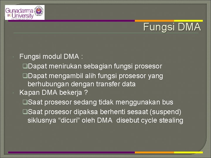 Fungsi DMA Fungsi modul DMA : q. Dapat menirukan sebagian fungsi prosesor q. Dapat