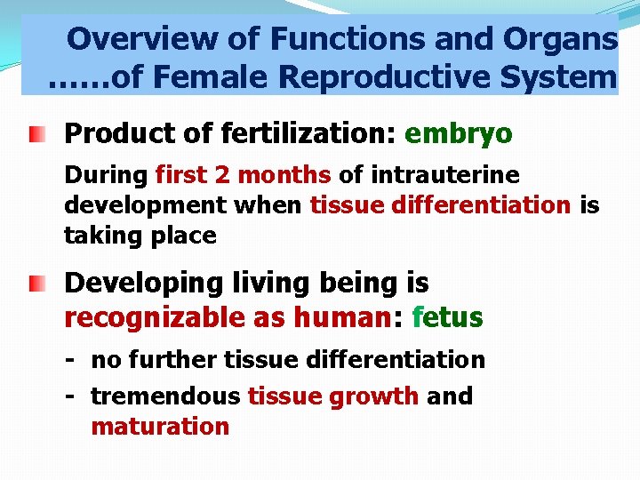 Overview of Functions and Organs ……of Female Reproductive System Product of fertilization: embryo During