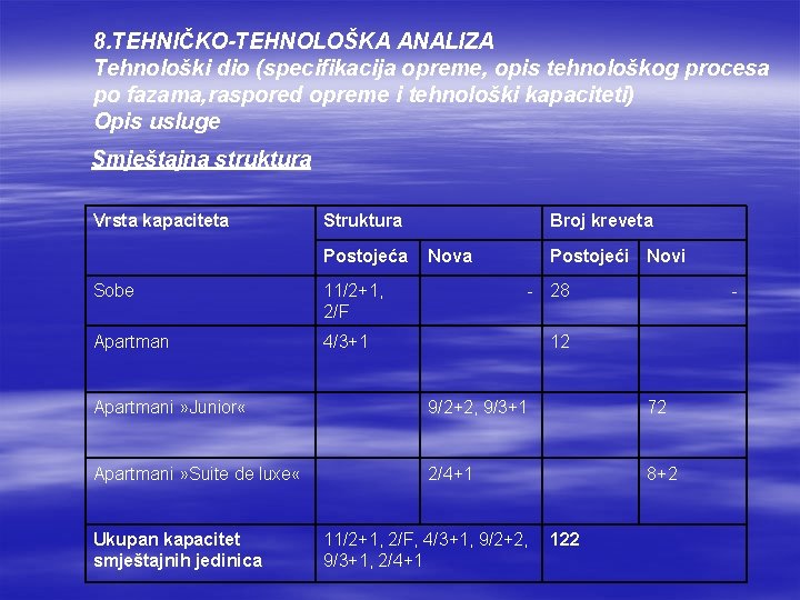 8. TEHNIČKO-TEHNOLOŠKA ANALIZA Tehnološki dio (specifikacija opreme, opis tehnološkog procesa po fazama, raspored opreme