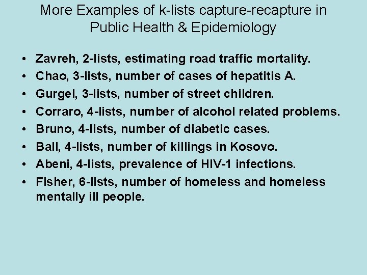 More Examples of k-lists capture-recapture in Public Health & Epidemiology • • Zavreh, 2