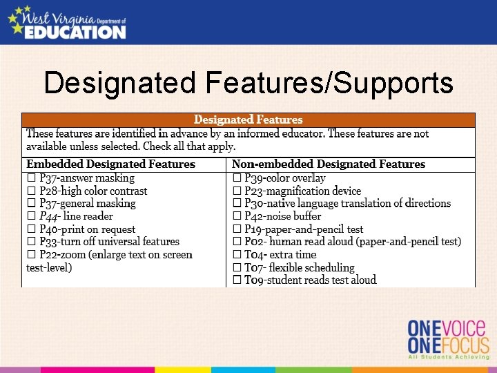 Designated Features/Supports 