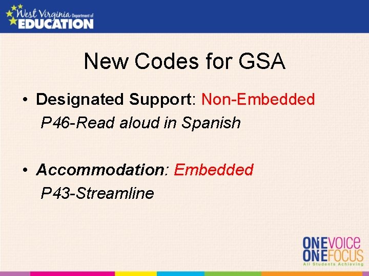 New Codes for GSA • Designated Support: Non-Embedded P 46 -Read aloud in Spanish