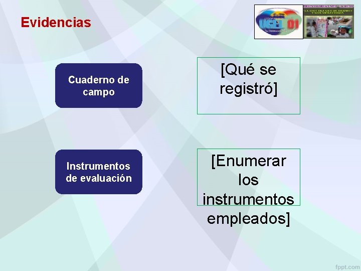 Evidencias Cuaderno de campo Instrumentos de evaluación [Qué se registró] [Enumerar los instrumentos empleados]