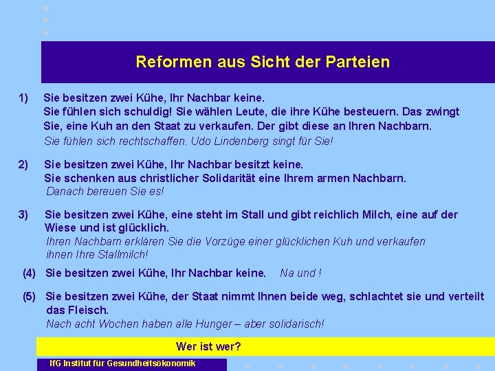 Reformen aus Sicht der Parteien 1) Sie besitzen zwei Kühe, Ihr Nachbar keine. Sie