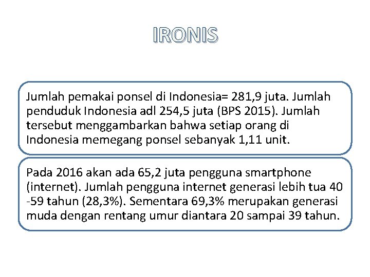 IRONIS Jumlah pemakai ponsel di Indonesia= 281, 9 juta. Jumlah penduduk Indonesia adl 254,