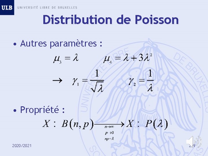Distribution de Poisson • Autres paramètres : • Propriété : 2020/2021 209 