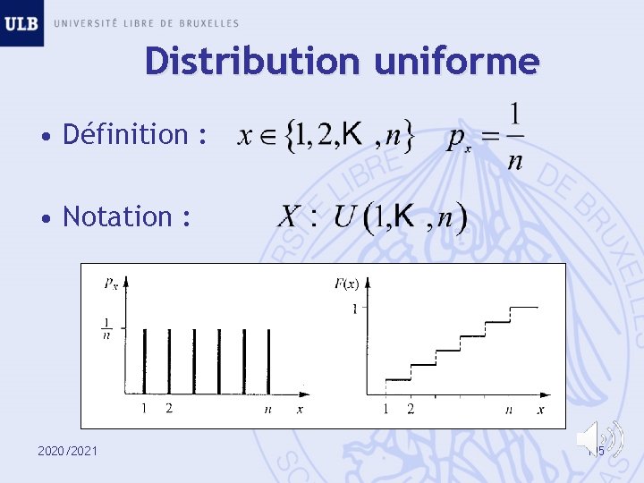 Distribution uniforme • Définition : • Notation : 2020/2021 195 