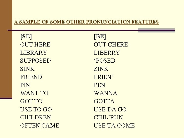 A SAMPLE OF SOME OTHER PRONUNCIATION FEATURES [SE] OUT HERE LIBRARY SUPPOSED SINK FRIEND