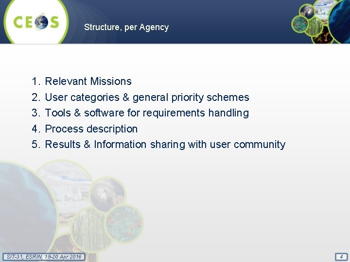 Structure, per Agency 1. 2. 3. 4. 5. Relevant Missions User categories & general
