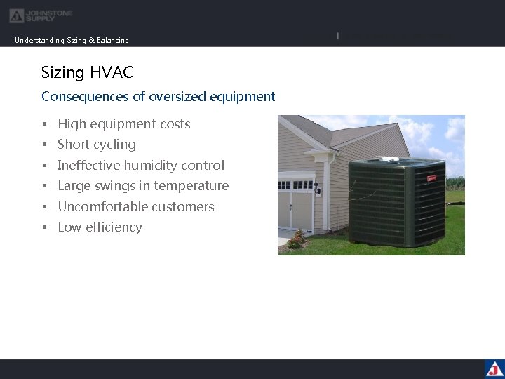 Understanding Sizing & Balancing Sizing HVAC Consequences of oversized equipment § High equipment costs