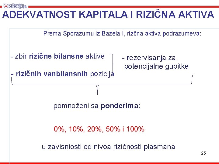 ADEKVATNOST KAPITALA I RIZIČNA AKTIVA Prema Sporazumu iz Bazela I, rizčna aktiva podrazumeva: -