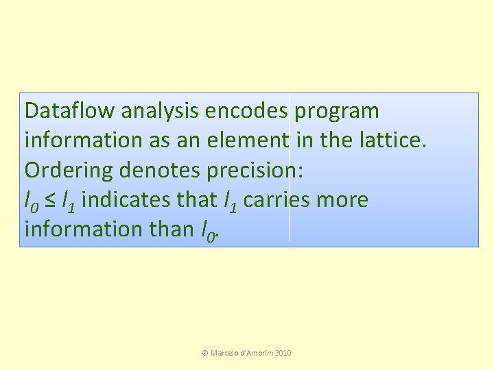 Dataflow analysis encodes program information as an element in the lattice. Ordering denotes precision: