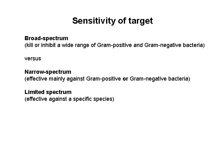 Sensitivity of target Broad-spectrum (kill or inhibit a wide range of Gram-positive and Gram-negative