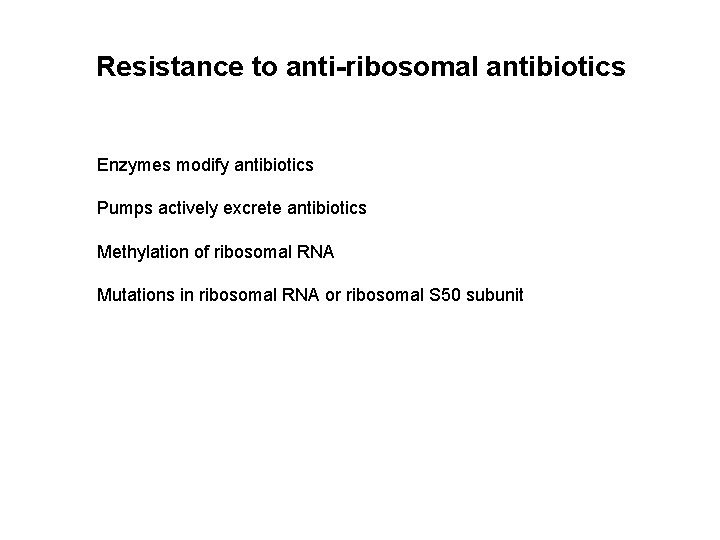 Resistance to anti-ribosomal antibiotics Enzymes modify antibiotics Pumps actively excrete antibiotics Methylation of ribosomal