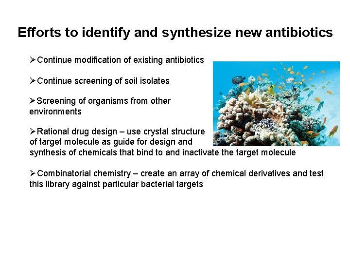 Efforts to identify and synthesize new antibiotics ØContinue modification of existing antibiotics ØContinue screening