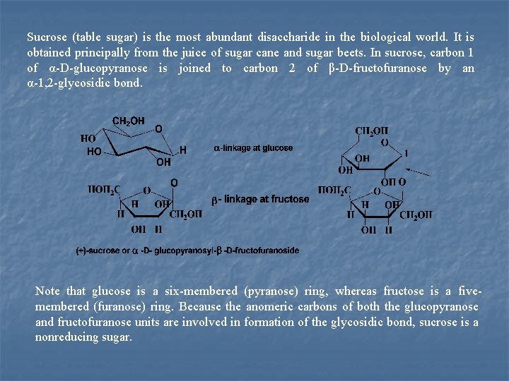 Sucrose (table sugar) is the most abundant disaccharide in the biological world. It is