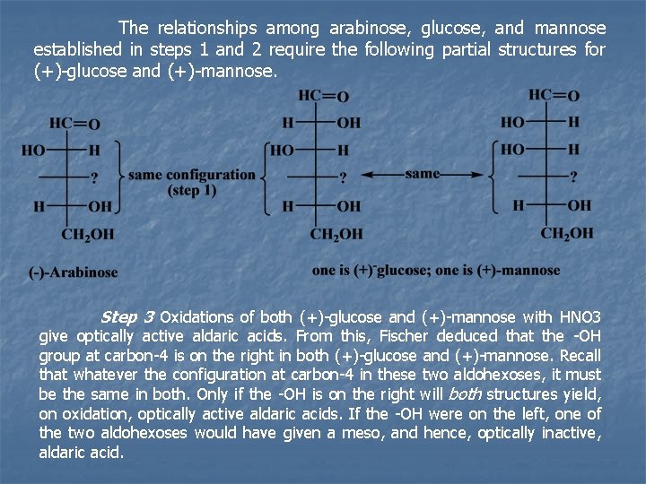 The relationships among arabinose, glucose, and mannose established in steps 1 and 2 require