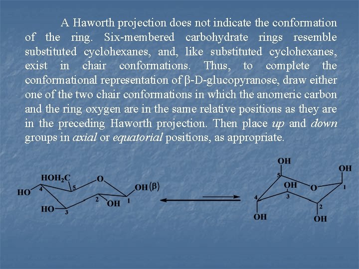 A Haworth projection does not indicate the conformation of the ring. Six membered carbohydrate