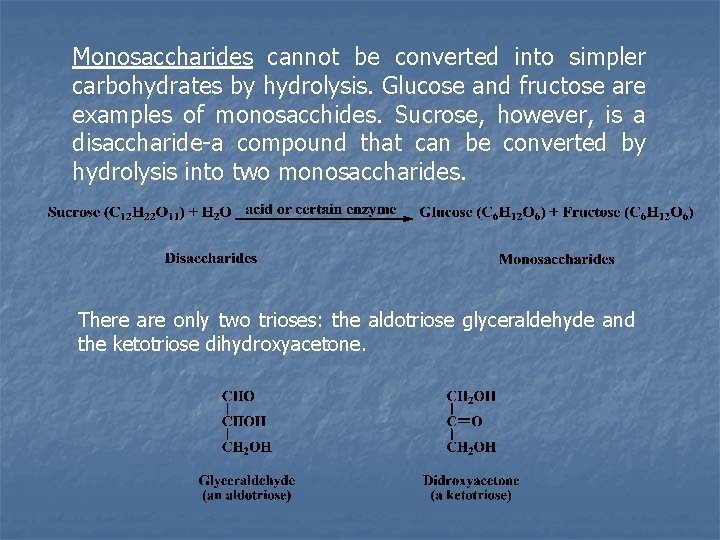 Monosaccharides cannot be converted into simpler carbohydrates by hydrolysis. Glucose and fructose are examples