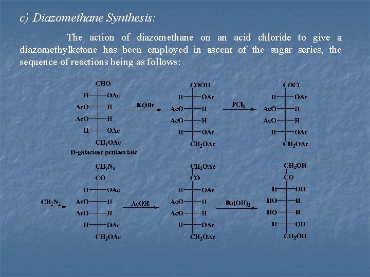 c) Diazomethane Synthesis: The action of diazomethane on an acid chloride to give a