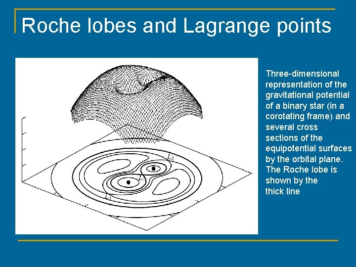 Roche lobes and Lagrange points Three-dimensional representation of the gravitational potential of a binary