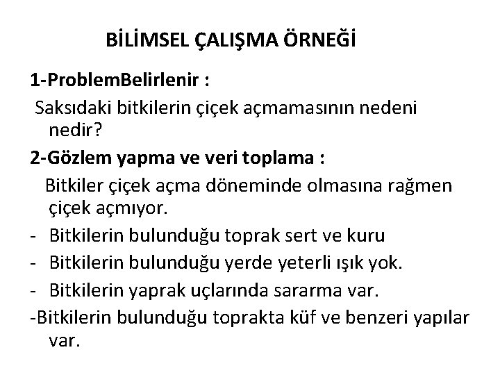 BİLİMSEL ÇALIŞMA ÖRNEĞİ 1 -Problem. Belirlenir : Saksıdaki bitkilerin çiçek açmamasının nedeni nedir? 2